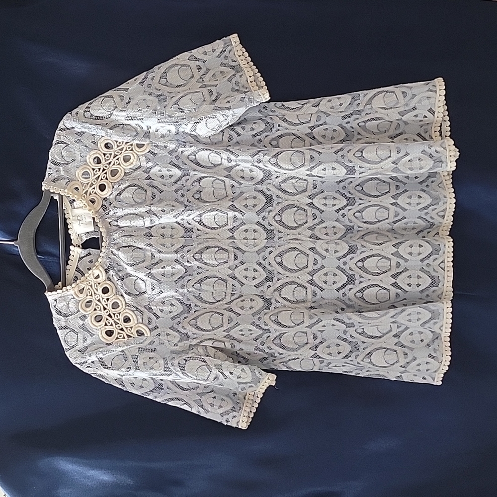 Baby blue lace and cream blouse